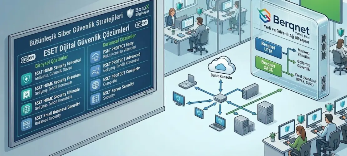 BoraX Bilgisayar; ESET ve Berqnet yetkili çözüm ortağıdır. İşletmeniz ve bireysel ihtiyaçlarınız için profesyonel siber güvenlik danışmanlığı, antivirüs lisanslama ve yerli firewall çözümleri sunuyoruz.