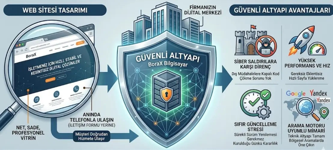 İşletmeniz için yüksek güvenlikli, SEO uyumlu ve yıllarca sorunsuz çalışan teknik altyapı merkezli web sitesi tasarımı çözümleri sunuyoruz.